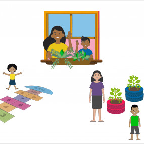 Desenhos mostram: criança brincando de amarelinha; uma janela de casa com floreira e duas pessoas acenando, uma adulta e uma criança; e dois adultos e uma criança ao lado de duas floreiras montadas em pneus reciclados