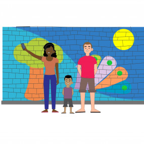 Desenho mostra dois adultos, um homem e uma mulher, e uma criança diante de um muro multicolorido e desenhado. A mulher segura o celular na mão e tira um selfie do grupo