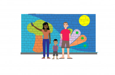 Desenho mostra dois adultos, um homem e uma mulher, e uma criança diante de um muro multicolorido e desenhado. A mulher segura o celular na mão e tira um selfie do grupo